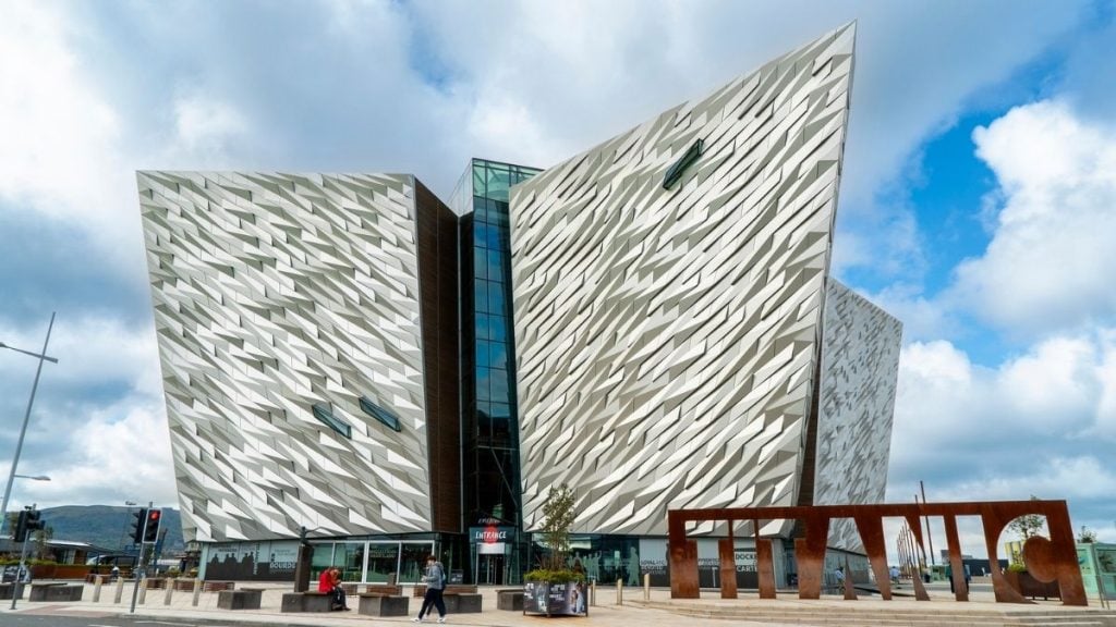 Exterior of Titanic Belfast museum with angular steel design, located in the Titanic Quarter of Belfast, Northern Ireland