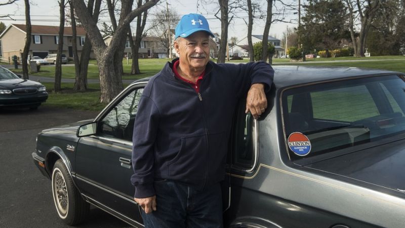 Mike Lawn with the candidate's OG wheels. Photo credit: Clare Becker/The (Hanover, PA.) Evening Sun via AP