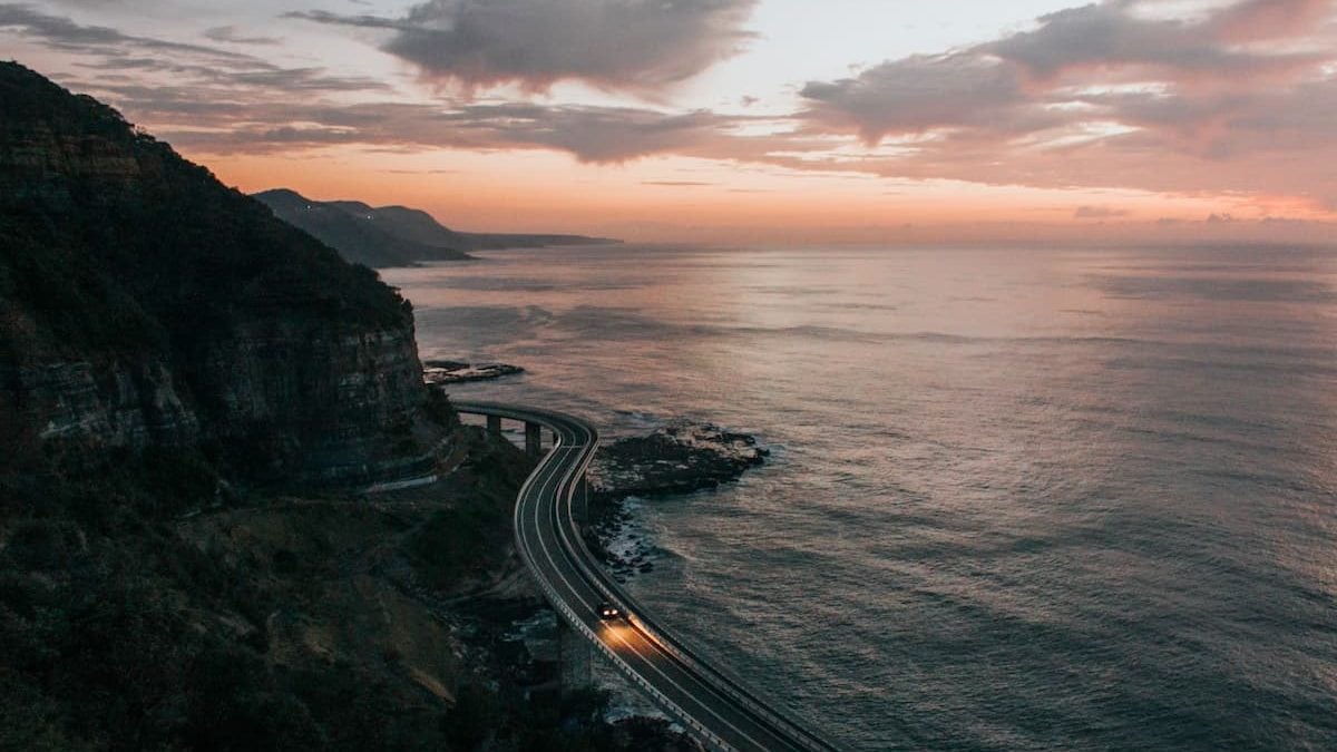 The Sea Cliff Bridge photographed from above at a popular photographer stop. A very popular stop along the Sydney to Brisbane road trip.