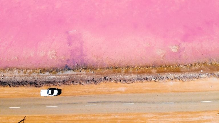 Pink Lake and the road beside it, a must see stop on the Perth to Esperance road trip.