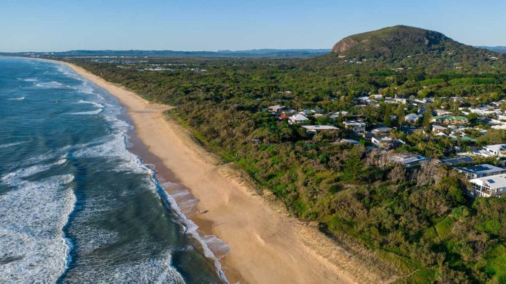 Sunshine Coast's Finest Lookouts. Aerial shot of Yaroomba beach and Mt Coolum