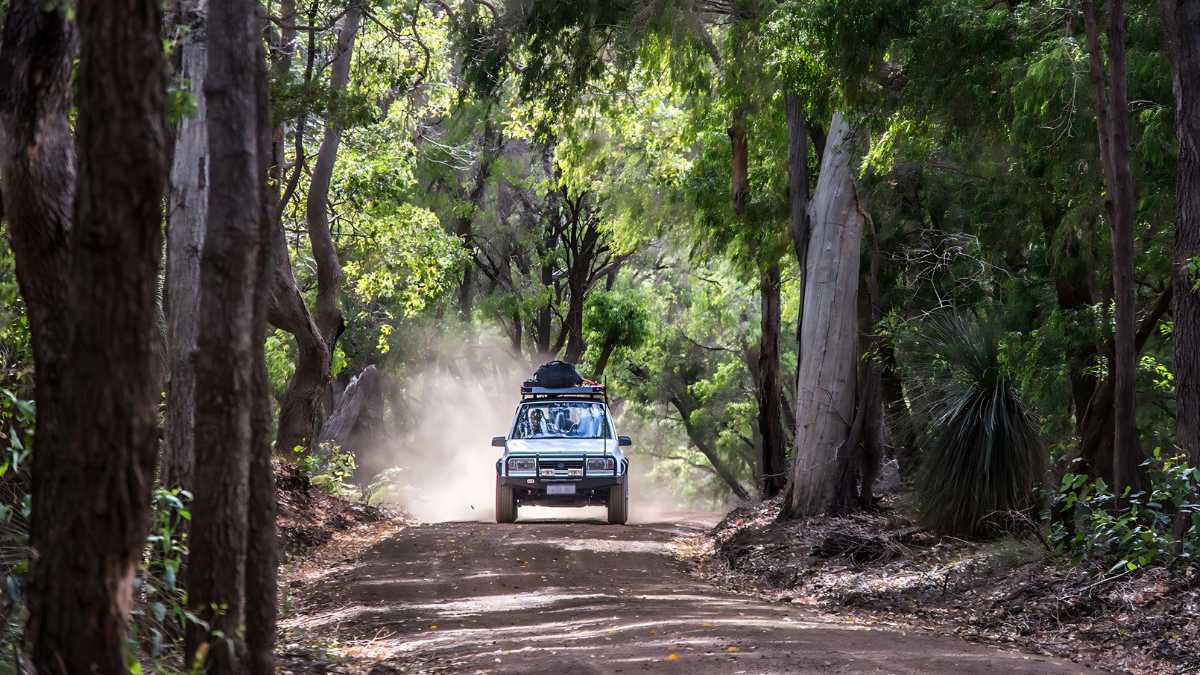 Your Ultimate West Coast Australia Road Trip Guide 2024. A 4wd travels through the backroads of the Margaret River wine regions in Western Australia