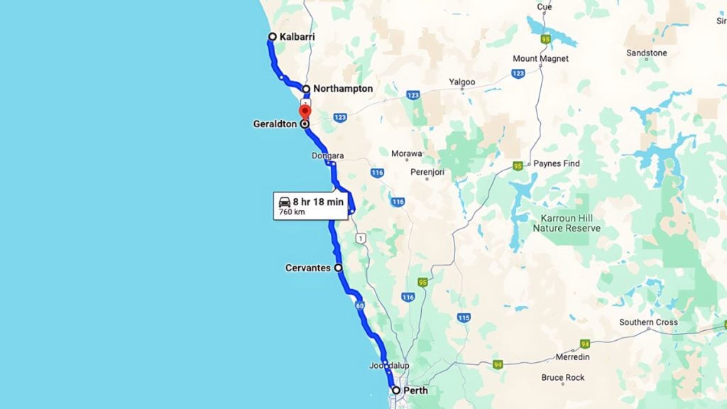 Perth to Geraldton road trip itinerary (option 1)