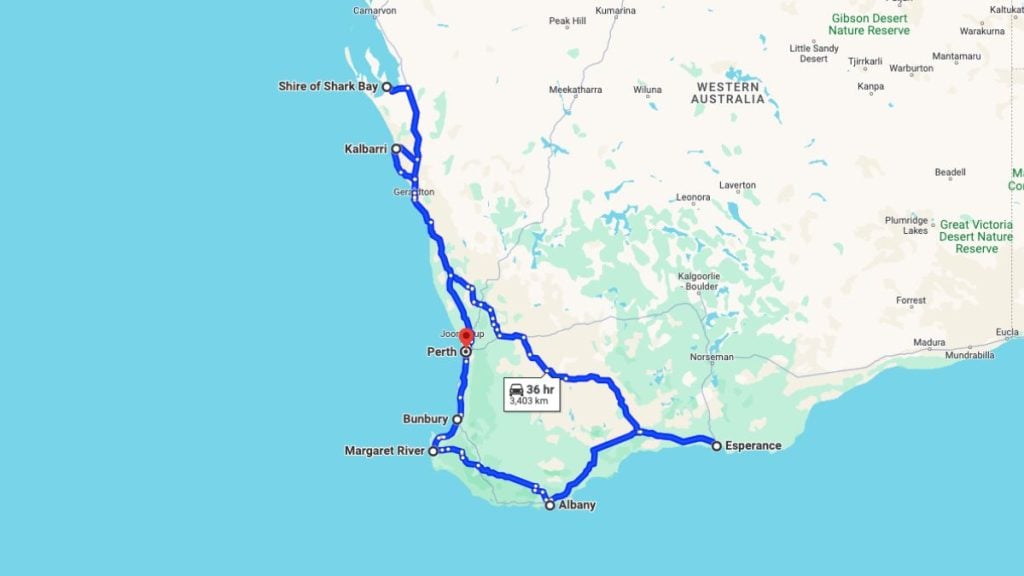 West Coast Australia road trip driving itinerary (option 1)