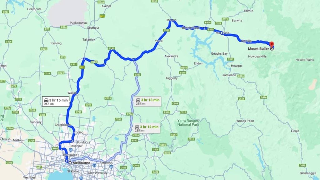 Map of driving route from Melbourne to Mt Buller