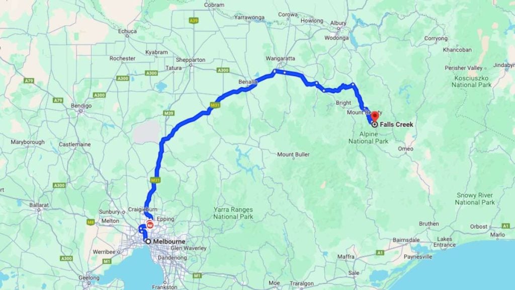 Map of driving route from Melbourne to Falls Creek
