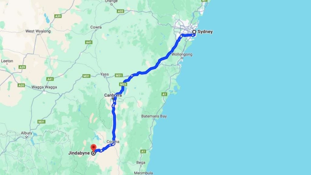 Sydney to Jindabyne: Everything you need to know. Map showing the route from Sydney to Jindabyne