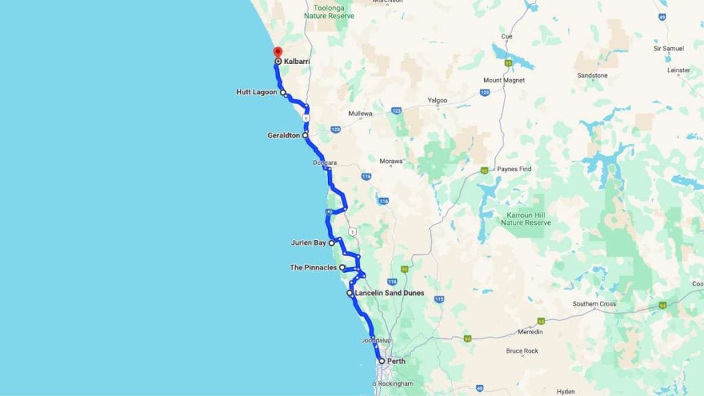 Recommended Perth to Kalbarri road trip map