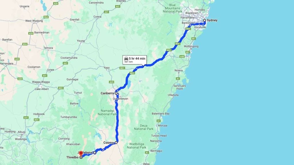 Road trip from Sydney to Thredbo - 1 day itinerary map