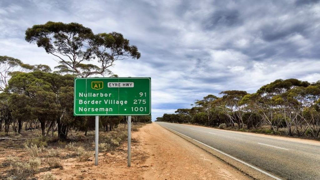 Sign on Eyre Highway showing Norseman and other destinations