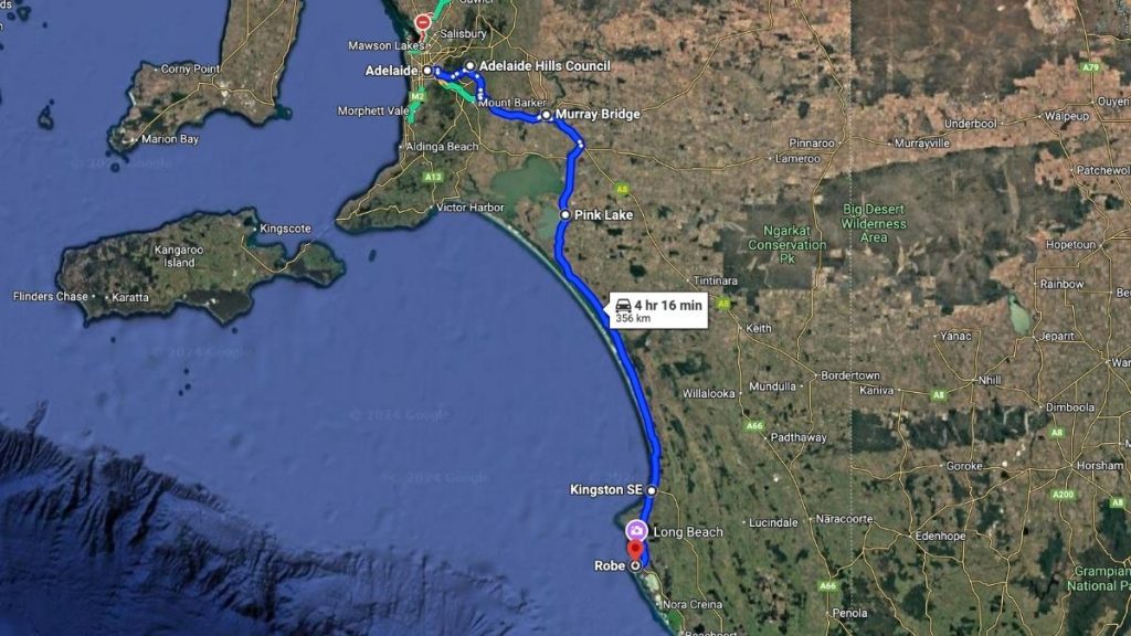 Adelaide to Robe drive guide. In picture: Road trip map from Adelaide to Robe