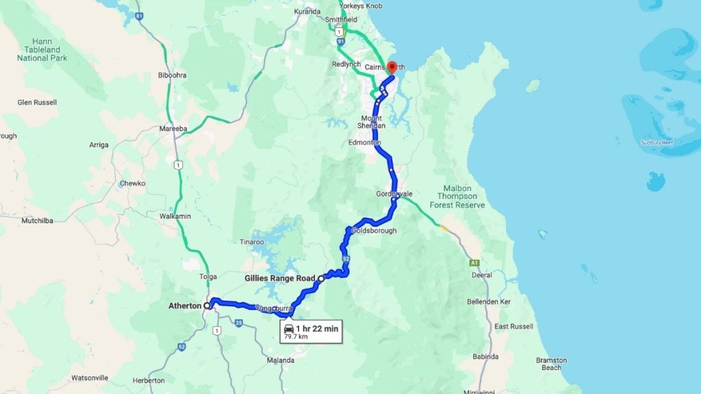Your travel map from Atherton to Cairns