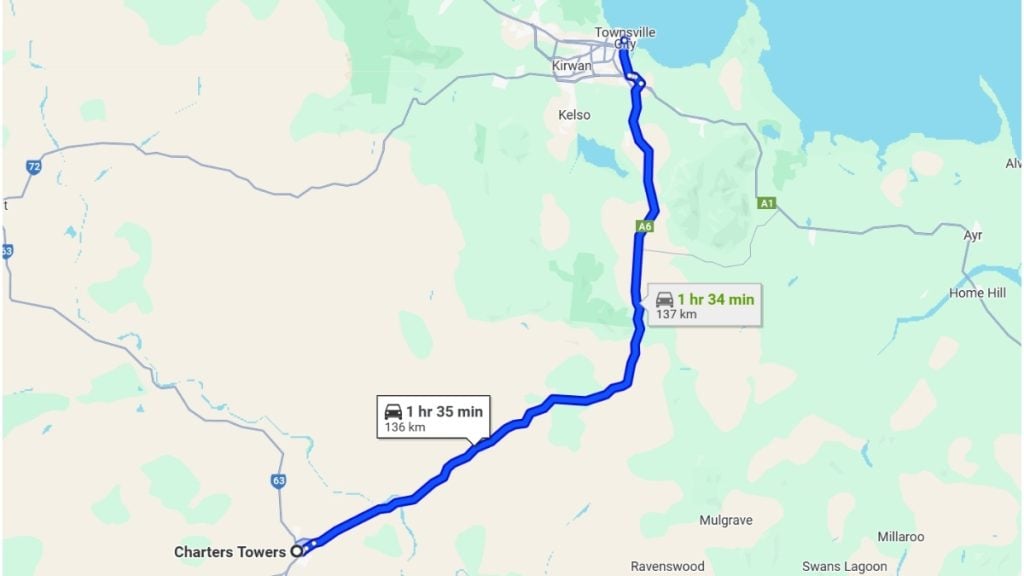 Charters Towers to Townsville QLD drive map