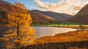 Autumnal colours across a lake in the UK