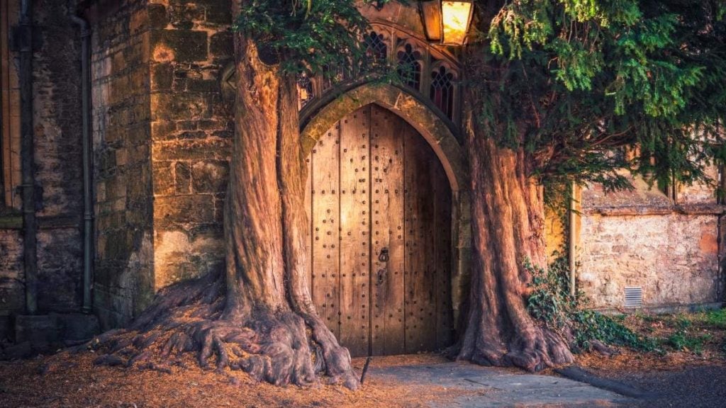 The door of St Edward's Church in Stow-on-the-Wold Town in England
