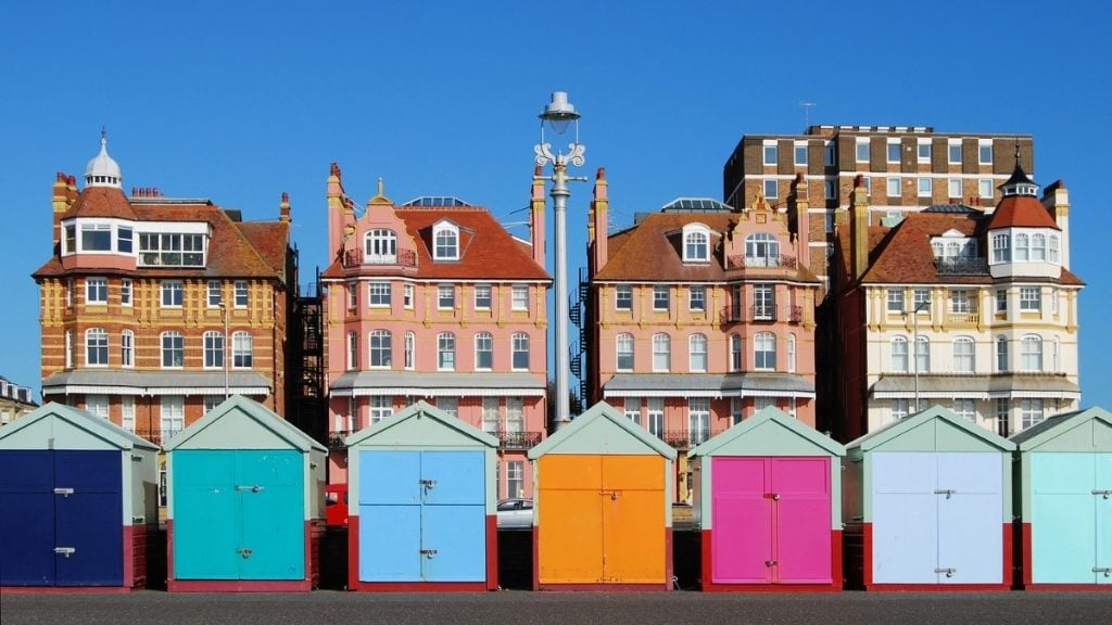 Colored beach huts at Brighton, East Sussex, England