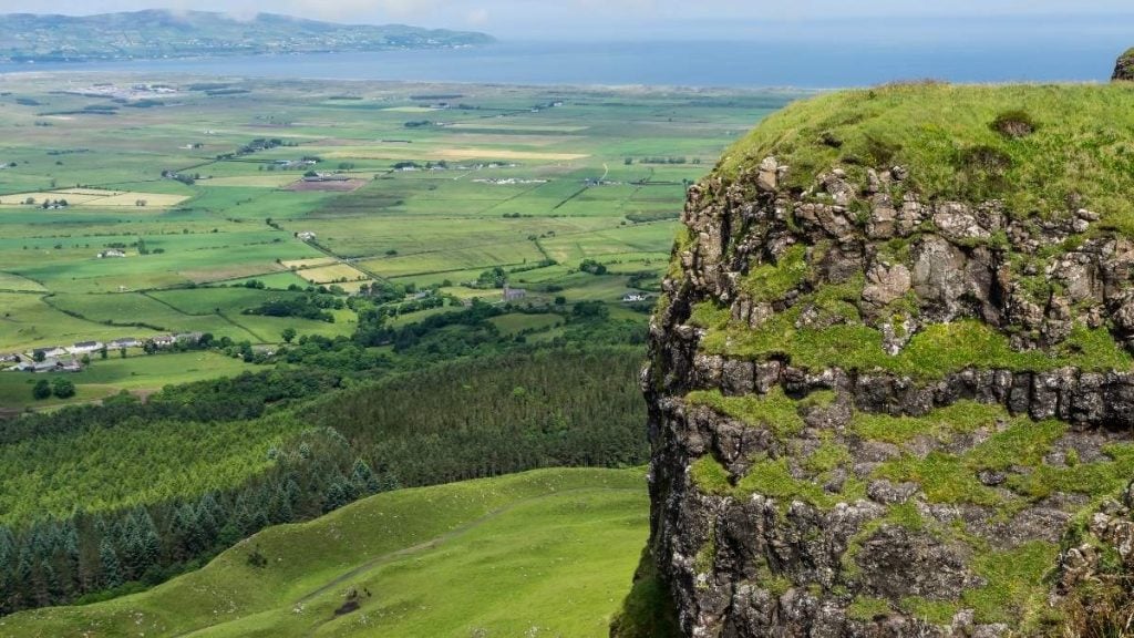 View from Binevenagh Mountain, over fields and coastline below
