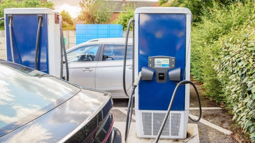 Electric cars being recharged at an EV charging station at Chester, England, UK.