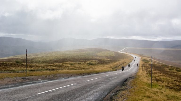 Driving Scotland's Snow Roads Scenic Route. In photo: Road A93 in Cairngorms National Park in the Central Highlands of Scotland