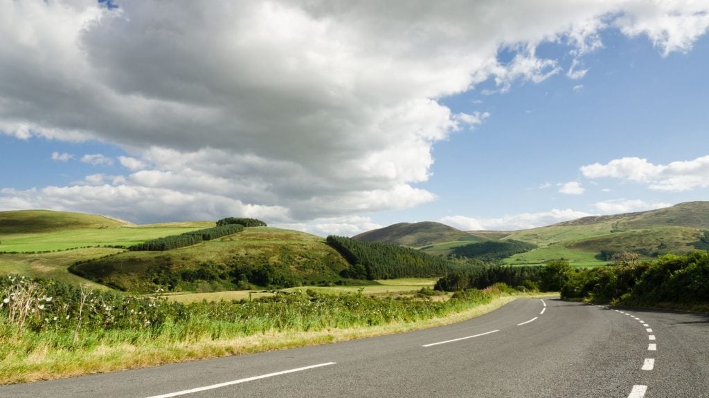 Open farmland and moorland at the edge of the Cheviot Hills, inland Northumberland, England
