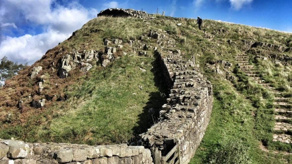 Hadrian’s Wall near Housesteads Roman Fort with open views across the landscape, Northumberland, England