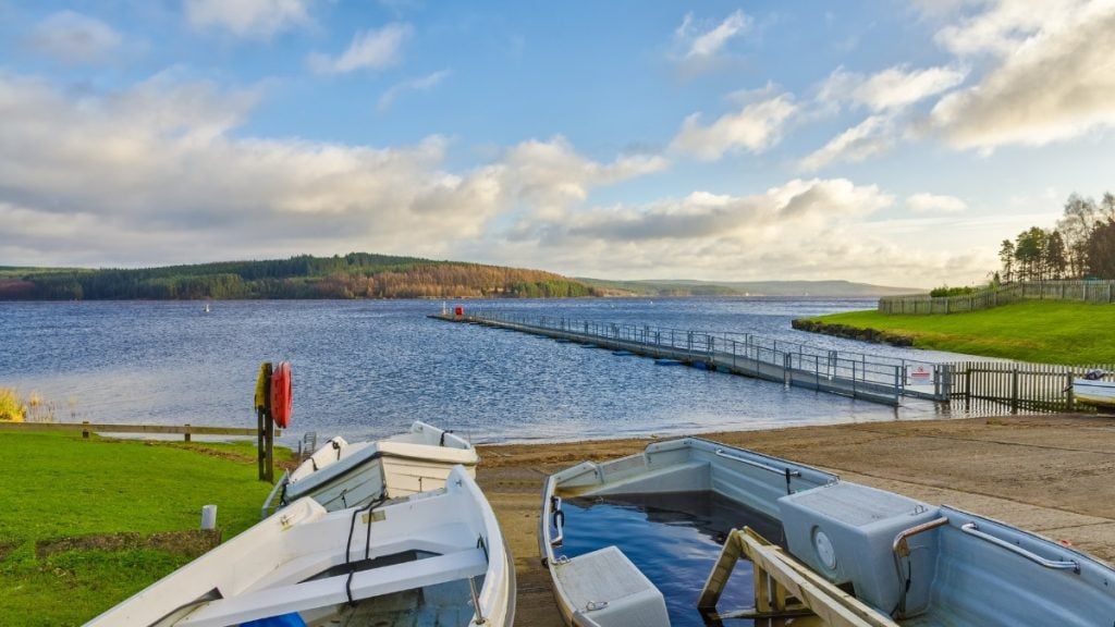 Kielder Water, the largest man-made lake in England, surrounded by forest and walking paths, Northumberland, England