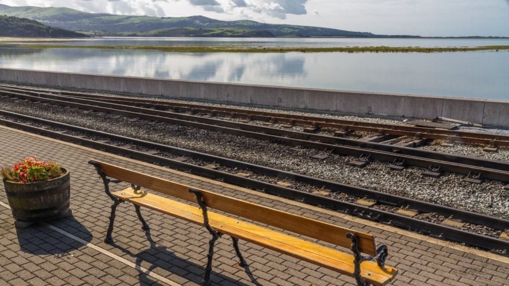 Porthmadog harbour with tracks of Ffestiniog Railway, Wales, England