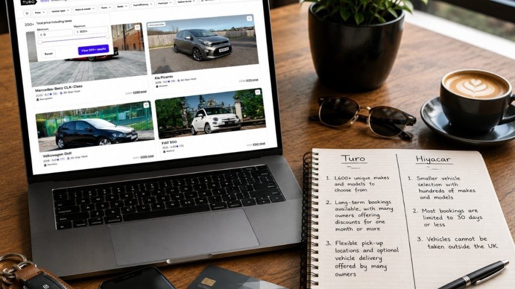 Turo car rental listings on a laptop with pricing notes