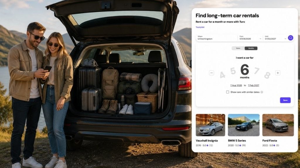 Couple loading an SUV beside Turo long-term car rental search