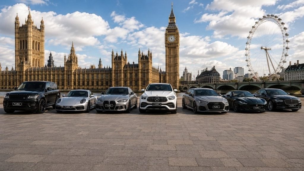Luxury rental cars lined up in front of Big Ben, London