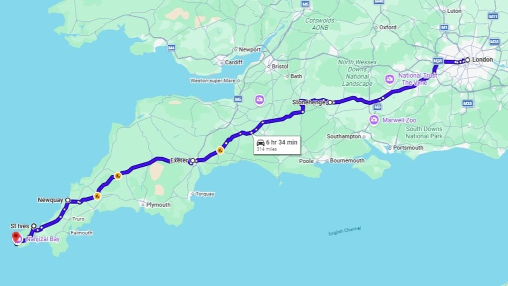 Road trip map: London to Cornwall