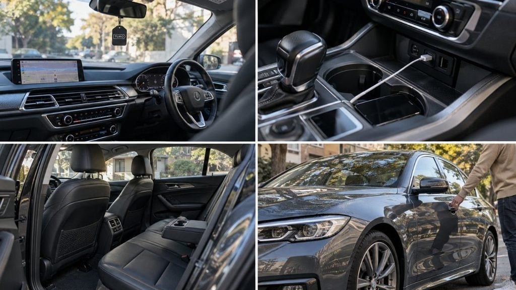 Turo rental car listing displaying vehicle interior, USB port, rear seats, and exterior details