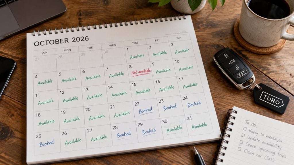 Turo host calendar showing available and booked dates for a car listing