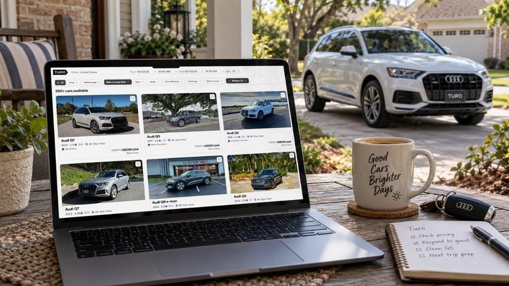 Turo host reviewing car listings and pricing on a laptop