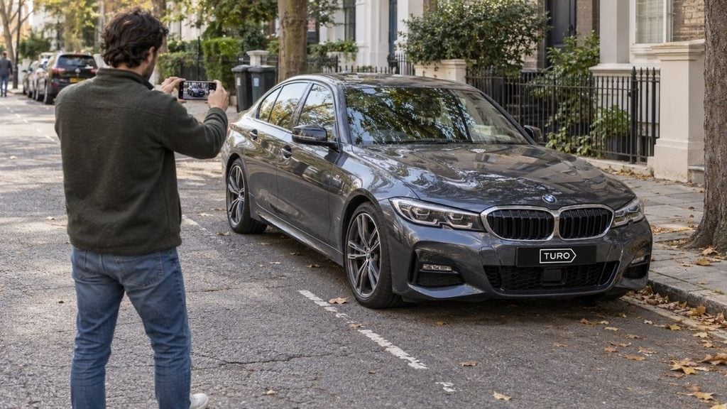 Turo host photographing a clean sedan for a car listing