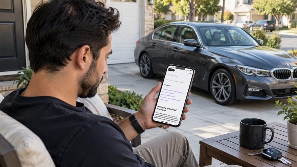 Turo host checking scheduled guest messages on a smartphone beside their car
