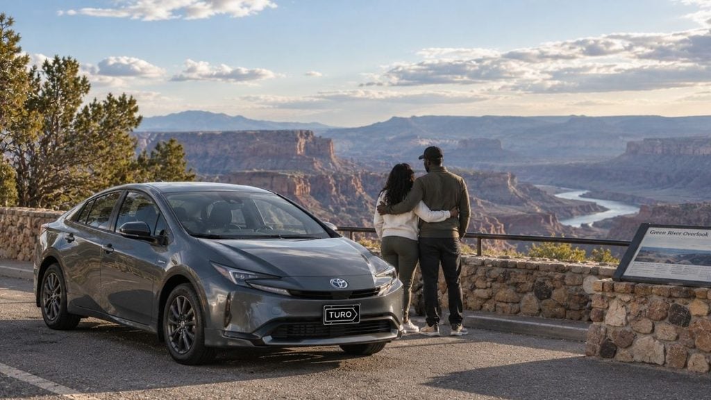 Toyota Prius parked at a national park overlook with a couple enjoying the scenic canyon view.