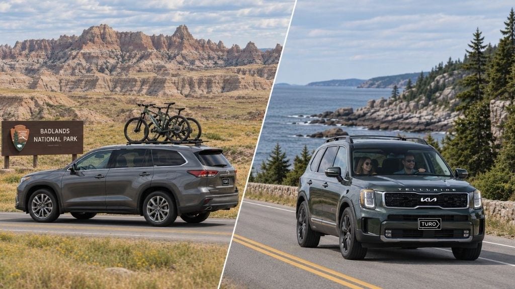 Toyota Highlander and Kia Telluride driving through scenic national park landscapes for family road trips.