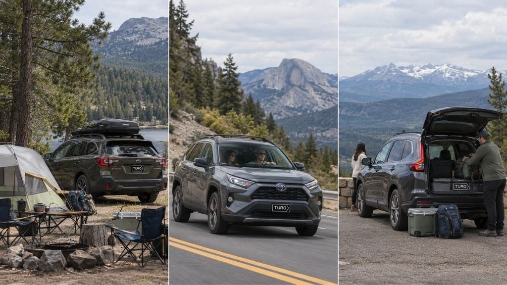 Subaru Outback, Toyota RAV4, and Honda CR-V shown on scenic national park roads with outdoor gear.
