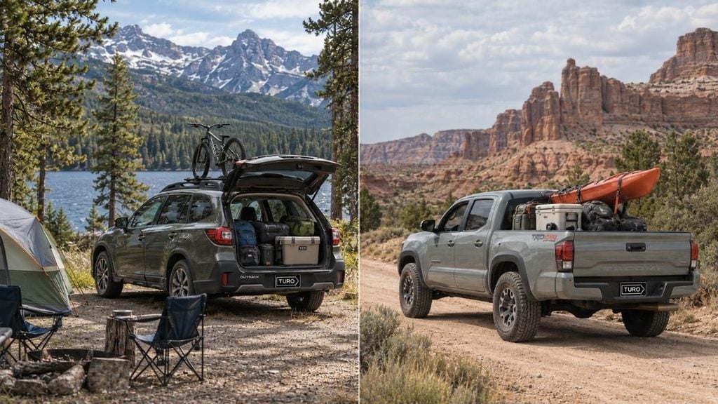 Subaru Outback with bikes and camping gear beside a lake and Toyota Tacoma carrying a kayak.