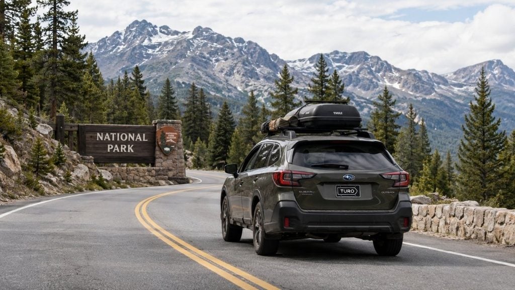 Subaru Outback driving toward a national park entrance with a roof cargo box and outdoor gear.
