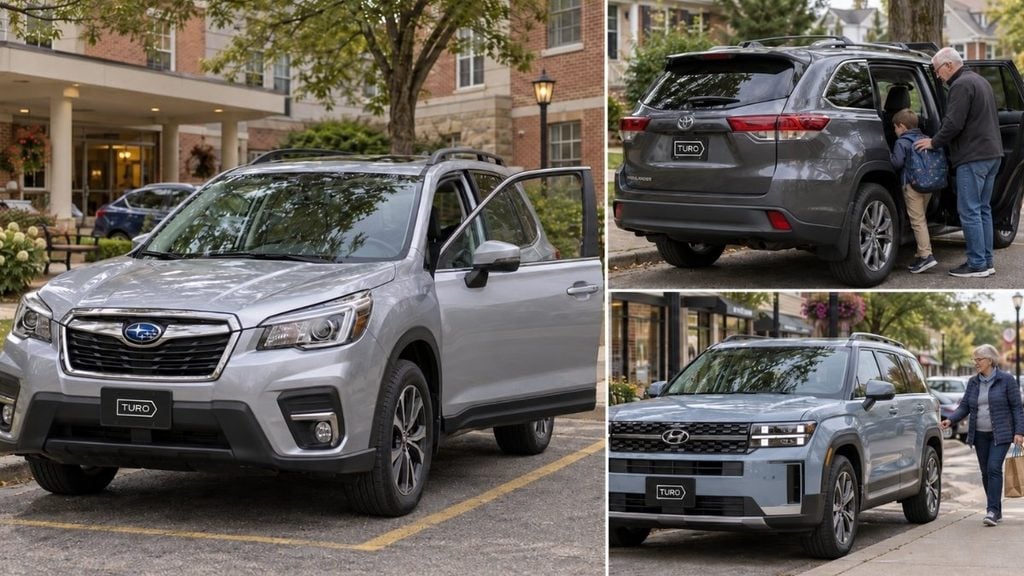 Senior-friendly SUVs including the Subaru Forester, Toyota Highlander and Hyundai Santa Fe.