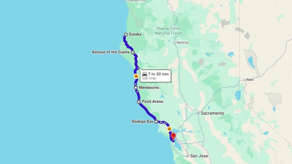 Your road trip map from Portland to San Francisco