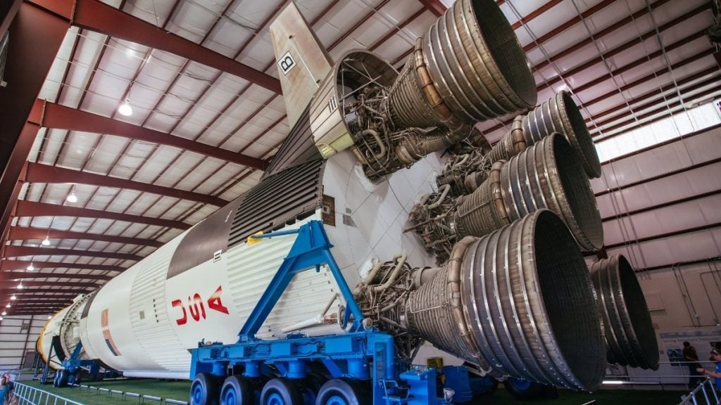 Austin to Houston drive. In photo: Saturn V Rocket, Houston Space Center, Texas