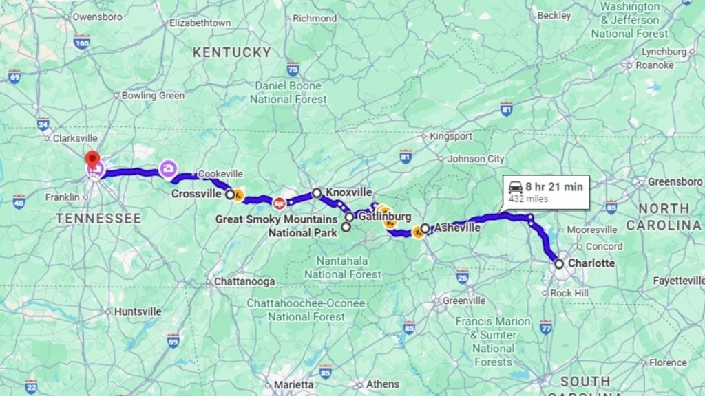 Your road trip map from Charlotte to Nashville