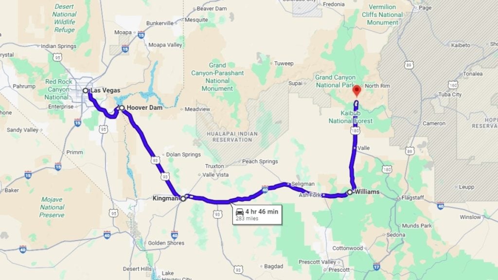 Your road trip map from Las Vegas to the Grand Canyon