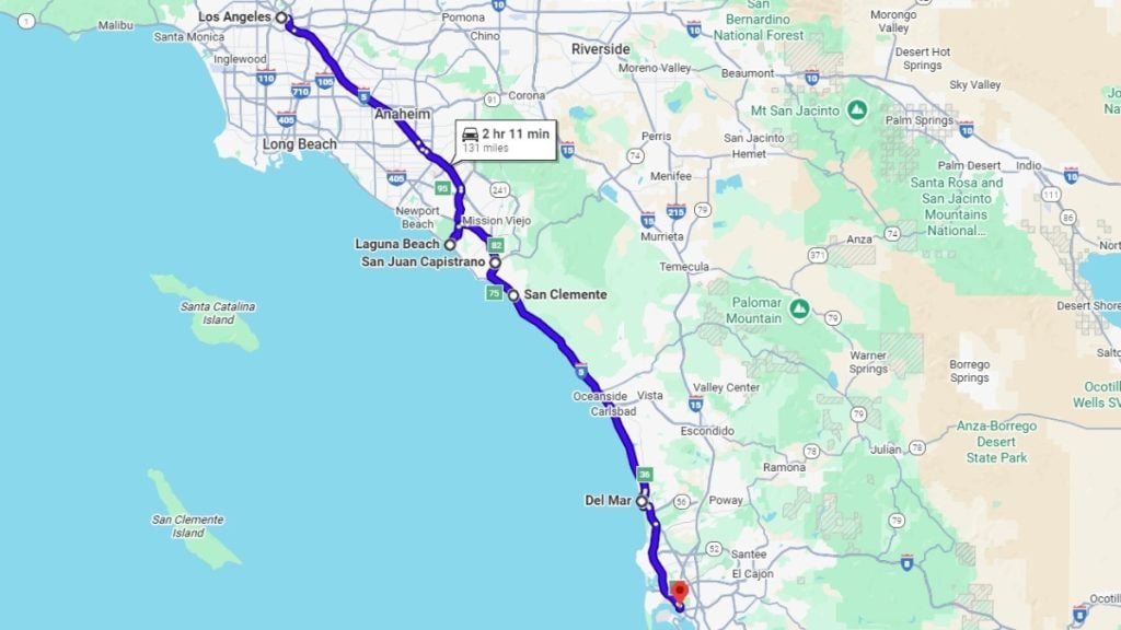 Your road trip map from Los Angeles to San Diego