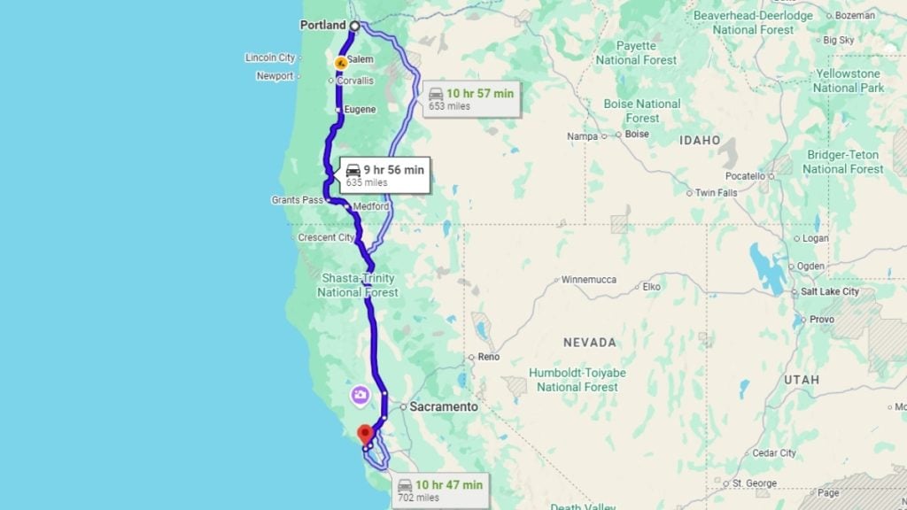 Your road trip map from Portland to San Francisco