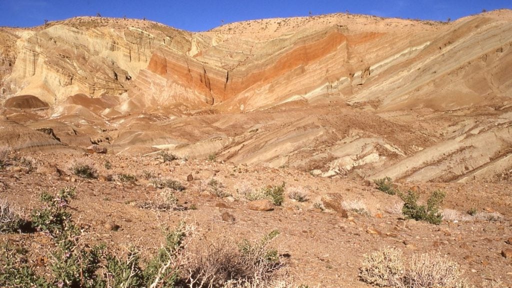 San Diego to Las Vegas drive. In photo: Rainbow Basin, Barstow, California