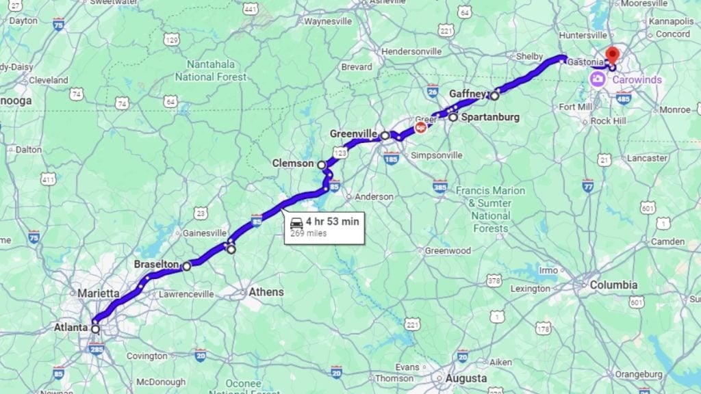 Your road trip map from Atlanta to Charlotte.